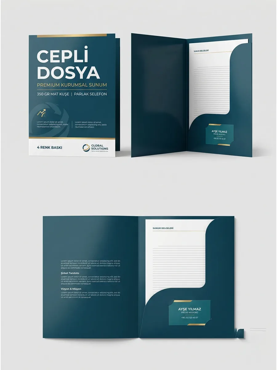 Cepli Dosya 350 gr Mat Kuşe Parlak Selefon için dış kapak, iç cep ve arka yüzey logo uygulamalı ürün görseli