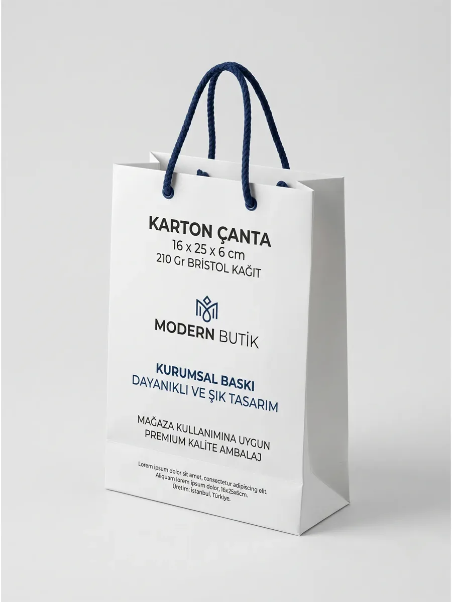 Karton Çanta 16 x 25 x 6 cm 210 gr Bristol Karton için tüm dış yüzey ve yan körük alanları logo uygulamalı ürün görseli