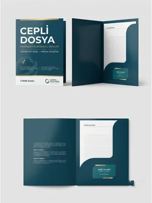 Cepli Dosya 350 gr Mat Kuşe Parlak Selefon için dış kapak, iç cep ve arka yüzey logo uygulamalı ürün görseli