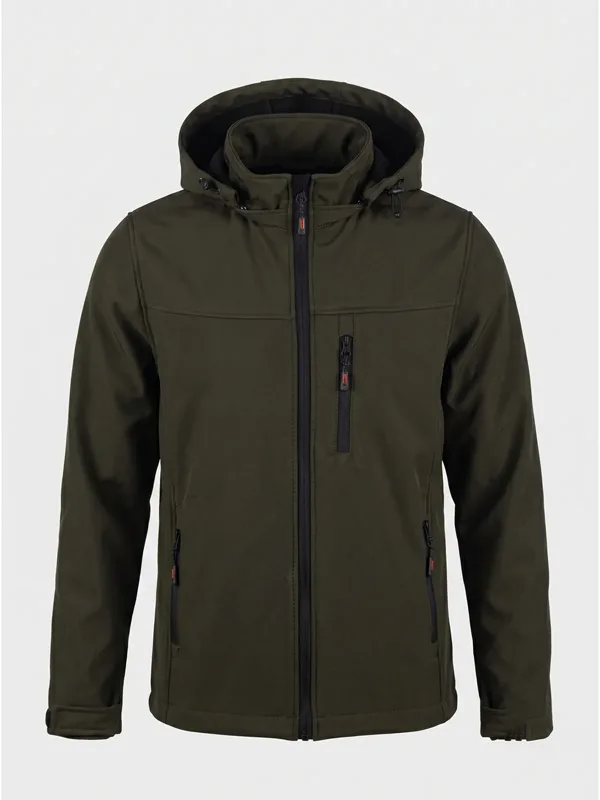 Kapüşonlu Softshell Mont Haki için sol göğüs / sırt / kol logo uygulamalı ürün görseli