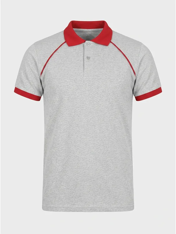 Polo Yaka Tişört Reglan Kol Gri Kırmızı için göğüs / sırt logo uygulamalı ürün görseli