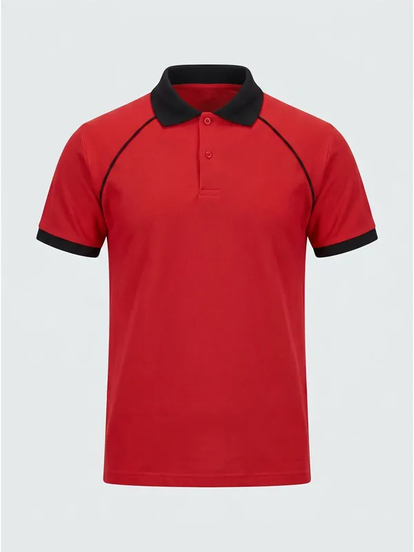 Polo Yaka Tişört Reglan Kol Kırmızı Siyah için göğüs / sırt logo uygulamalı ürün görseli