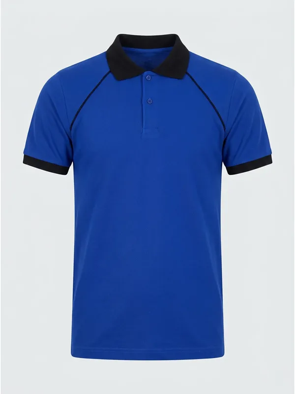 Polo Yaka Tişört Reglan Kol Saks Mavi Siyah için göğüs / sırt logo uygulamalı ürün görseli