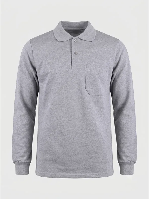 Polo Yaka Uzun Kol Cepli Sweatshirt Gri Melanj için cep üstü / sırt logo uygulamalı ürün görseli
