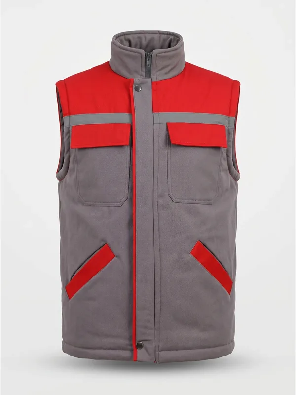Gabardin İş Yeleği Reflektörlü Gri Kırmızı için sol göğüs / sırt logo uygulamalı ürün görseli