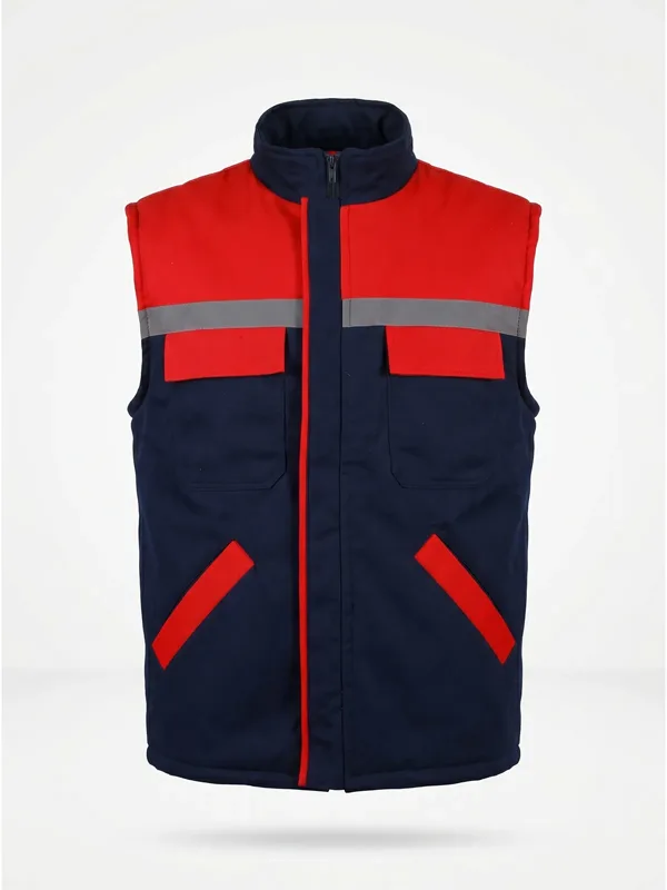 Gabardin İş Yeleği Reflektörlü Lacivert Kırmızı için sol göğüs / sırt logo uygulamalı ürün görseli