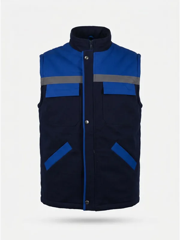 Gabardin İş Yeleği Reflektörlü Lacivert Saks Mavi için sol göğüs / sırt logo uygulamalı ürün görseli