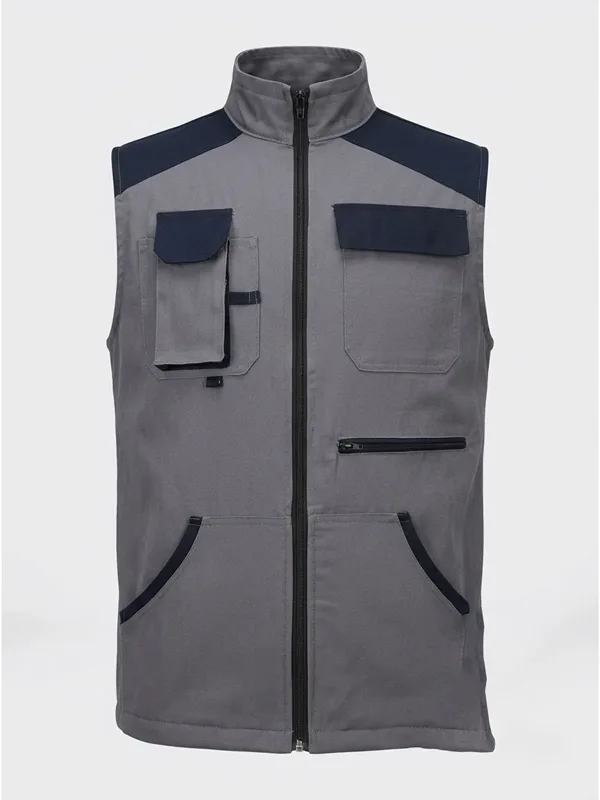 Gabardin İş Yeleği Detaylı Yazlık Gri Lacivert için göğüs cebi üstü logo uygulamalı ürün görseli