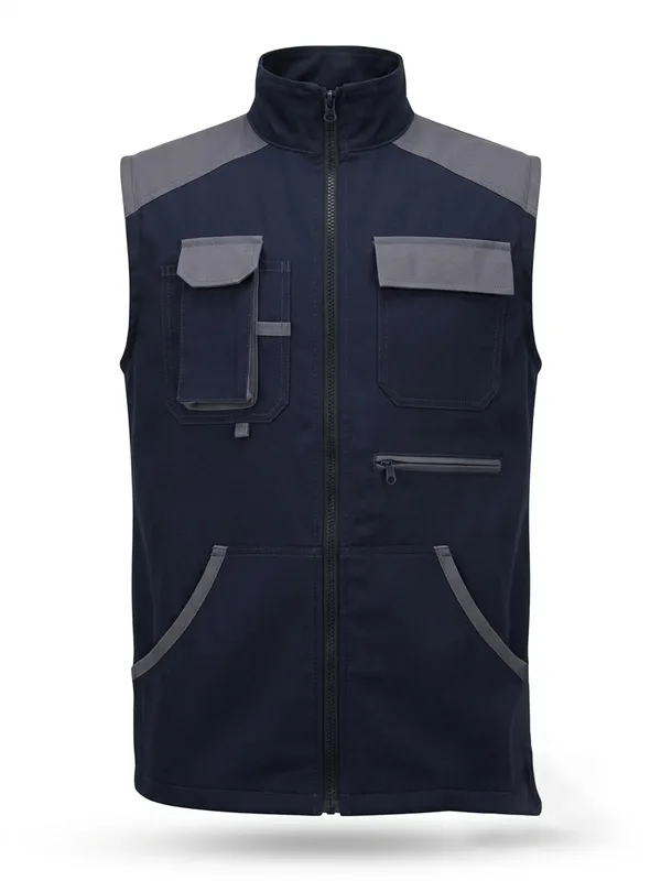 Gabardin İş Yeleği Detaylı Yazlık Lacivert Gri için göğüs cebi üstü logo uygulamalı ürün görseli